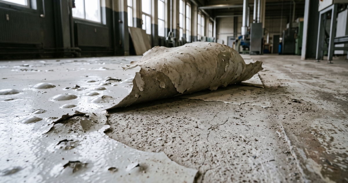 Odspojona powłoka żywiczna zwinięta na posadzce hali, obok pole pęcherzy i odsłonięty beton.